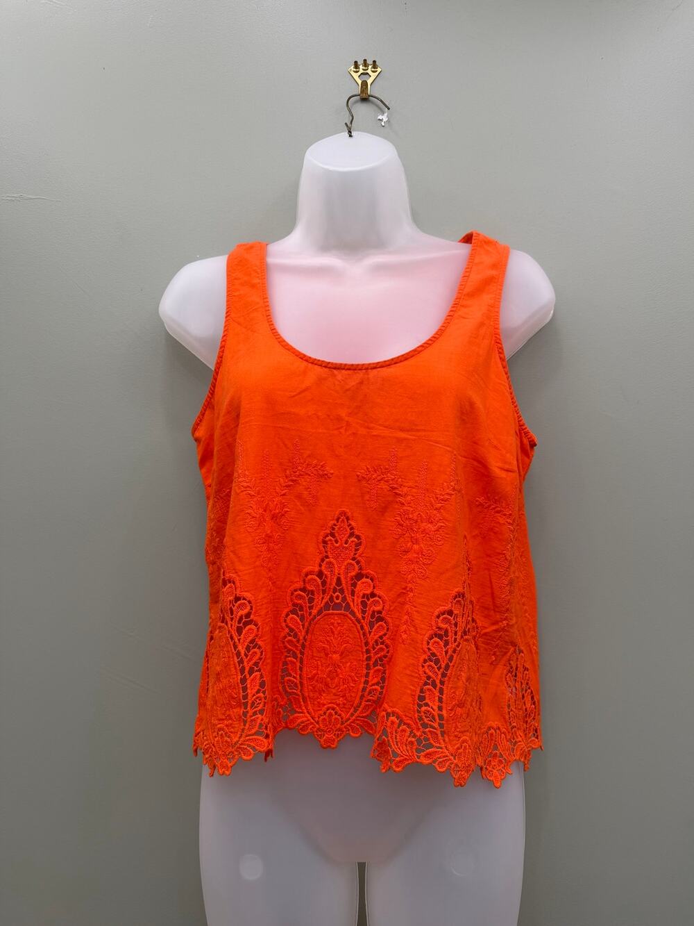 GB Orange Cotton Embroidered Eyelet Lace Tank Top Size Small